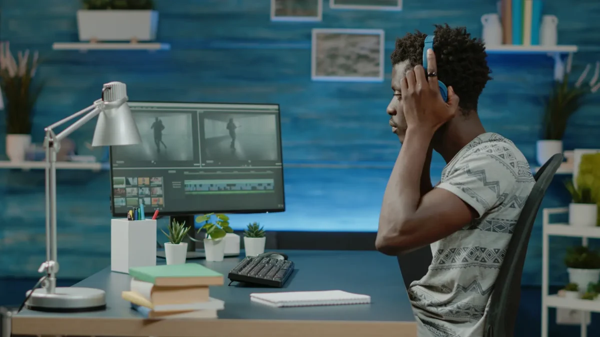 Videographer editing music video.