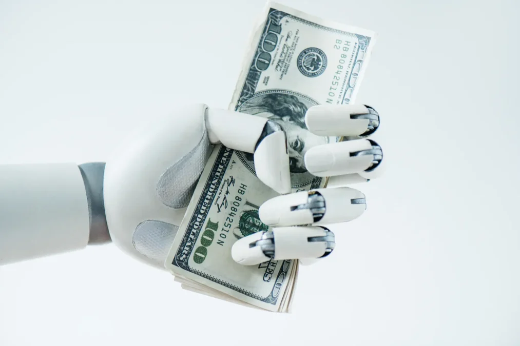 an ai bot holding cash money.