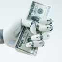 an ai bot holding cash money.